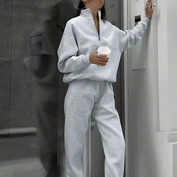 Grey Casual Women's Half Zipper Hoodie And Jogger Pants Two Piece Set - Picture 4 of 7